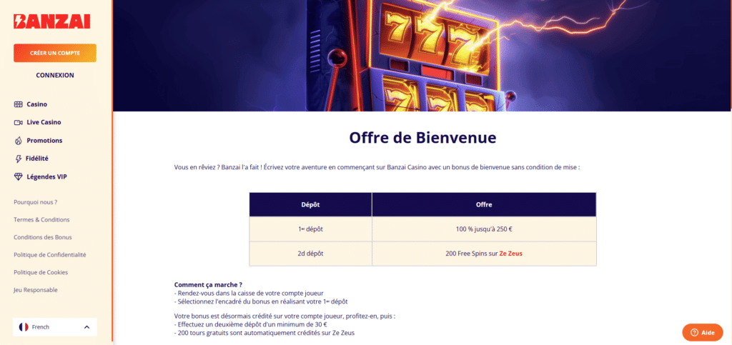 Bonus de bienvenue Banzai Casino