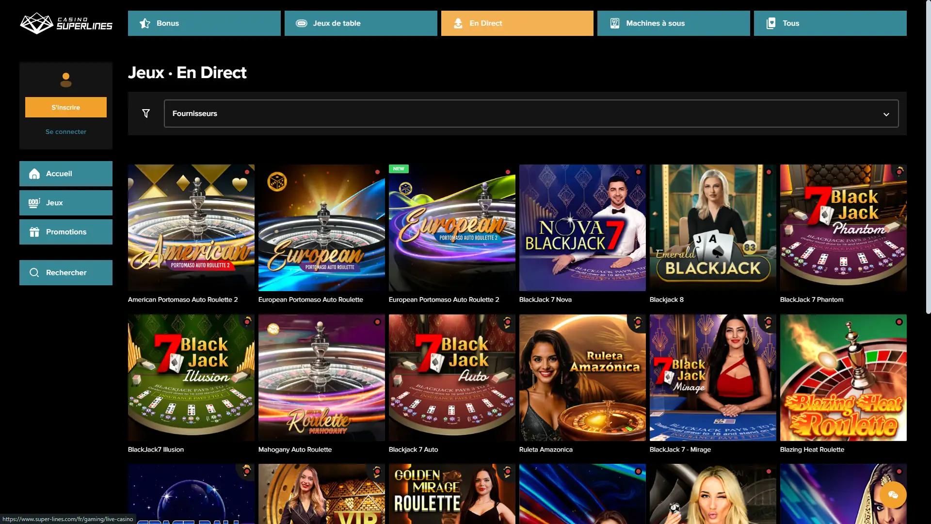 jeux live sur superlines casino