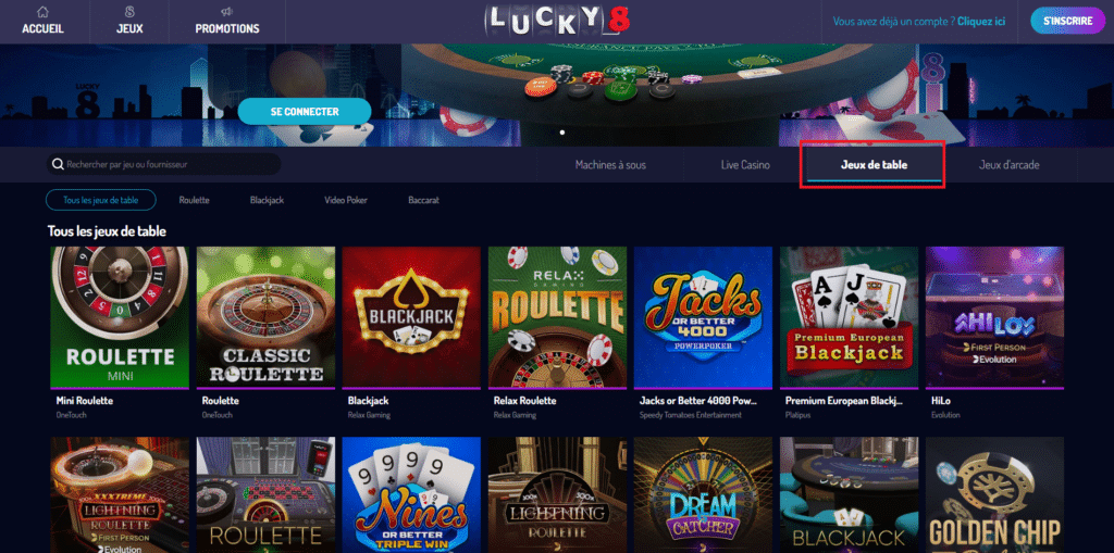 jeux table lucky8