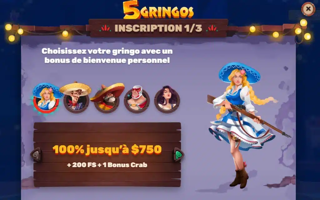 Choix du Gringo et du bonus de bienvenue