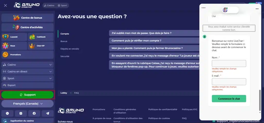 Notre avis sur Bruno Casino : Guide complet et analyse 22 Le service support de Bruno Casino