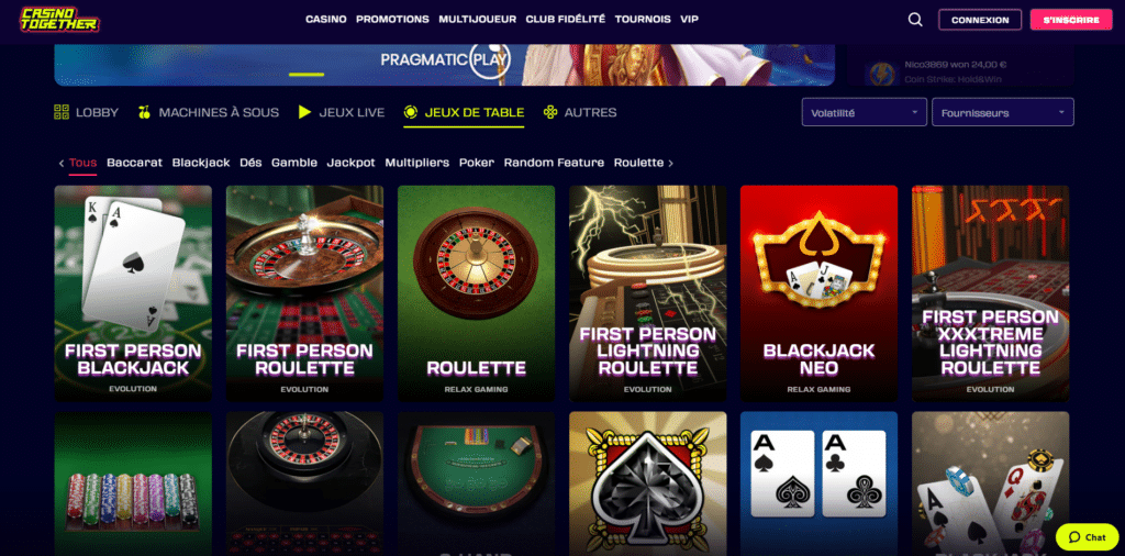 Les jeux de table sur casino together