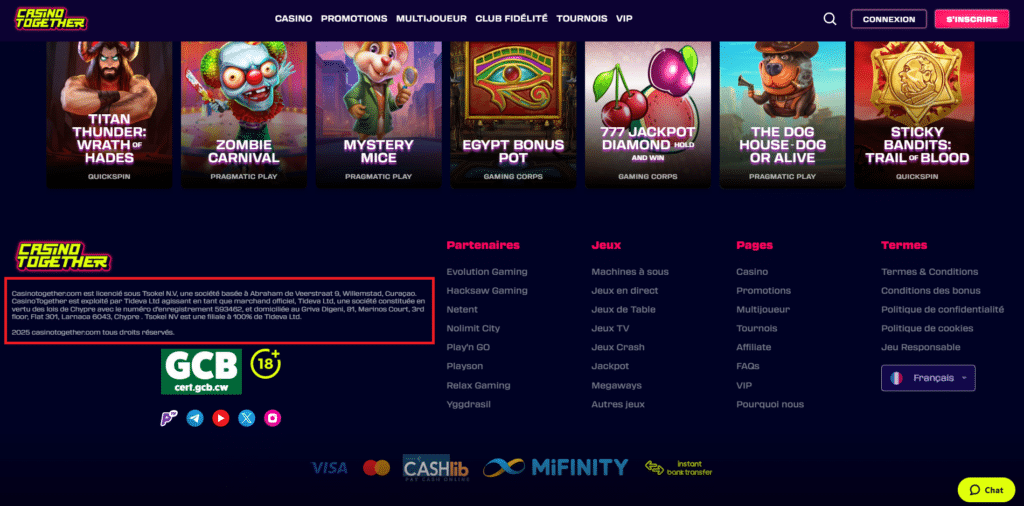 Licences sur Casino Together
