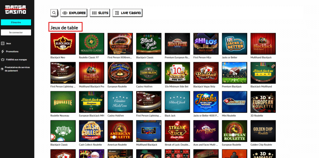 Jeux de table Manga casino