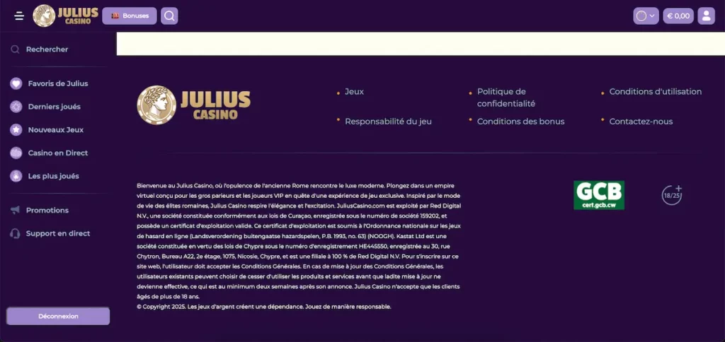 Licence de jeu Julius Casino