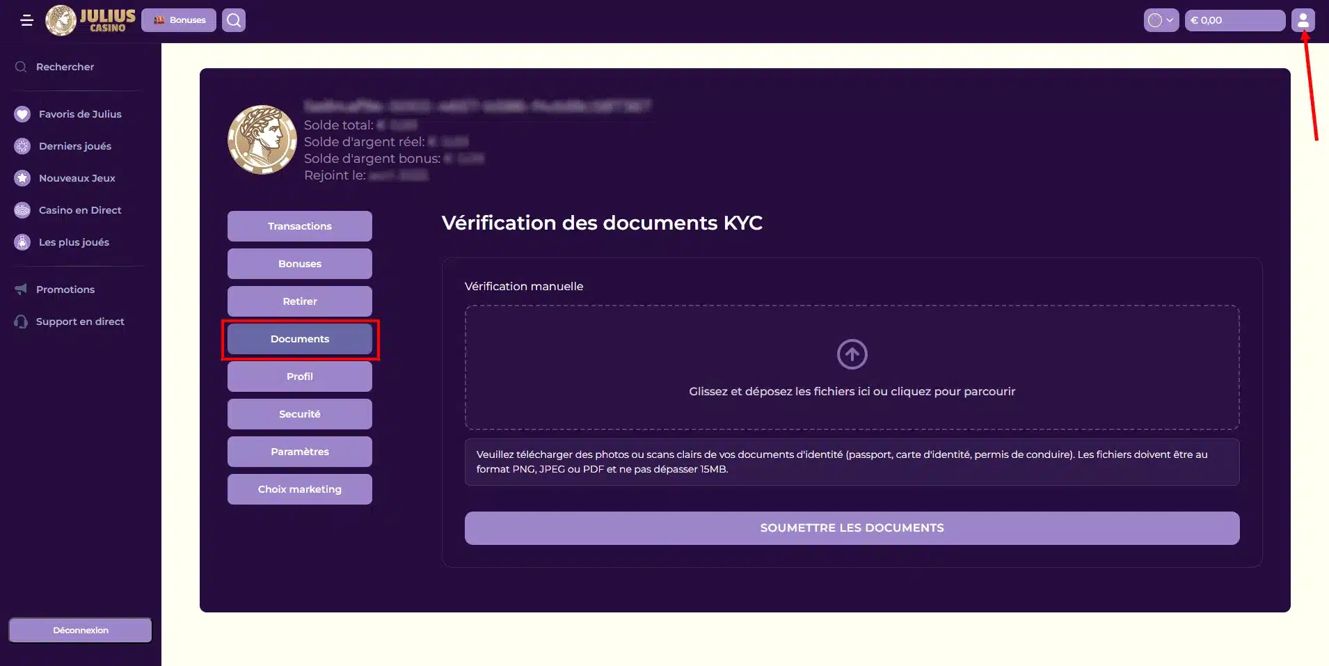 Processus KYC sur Julius Casino