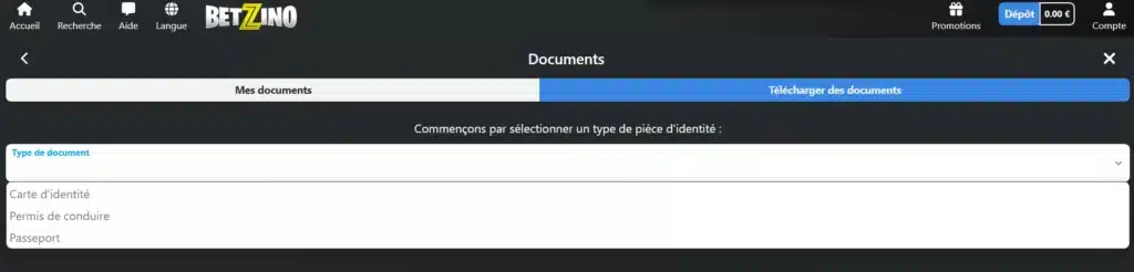 Documents KYC sur Betzino