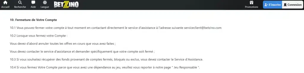 Fermeture de votre compte dans les termes et conditions