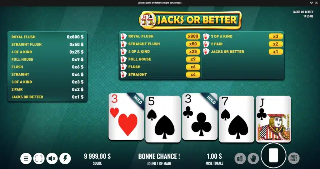 Le vidéo poker en ligne : Notre guide 8 jacks or better platipus gaming