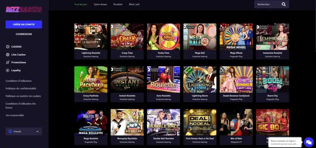 page d'accueil rizz casino