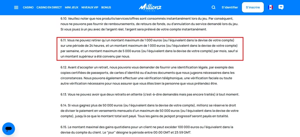 Limites de retrait sur Millionz