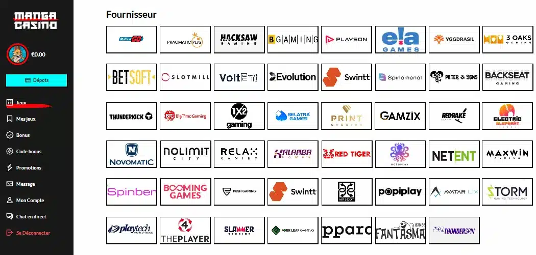fournisseurs sur manga casino