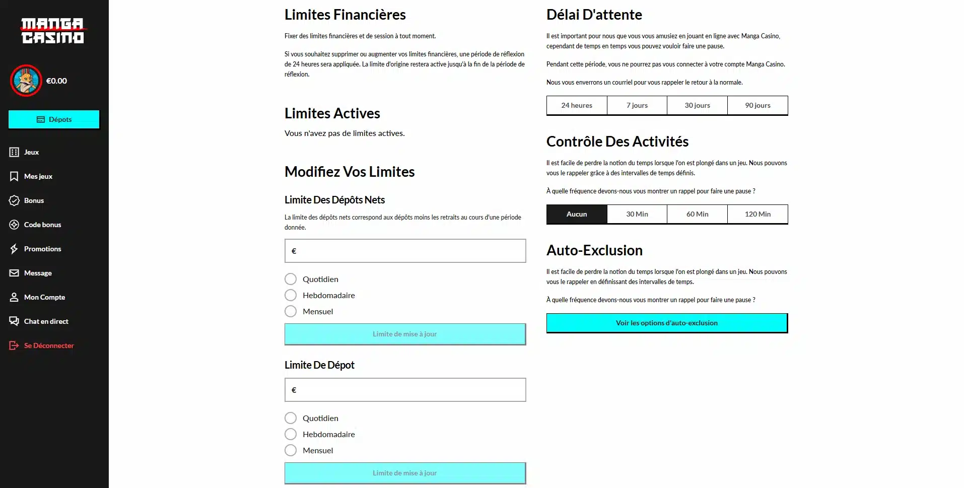 jeu responsable sur manga casino