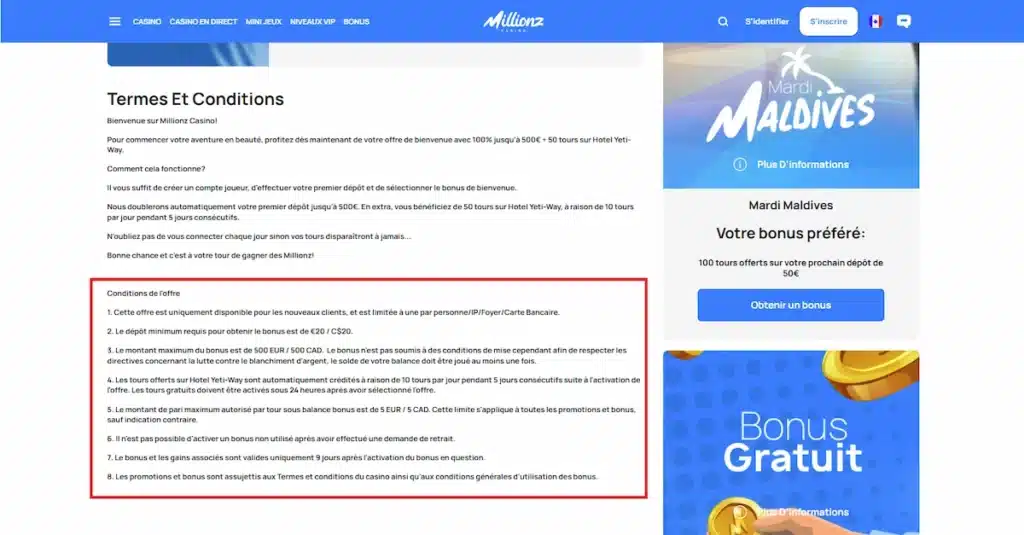Bonus de bienvenue casino pour jouer en ligne 13 Conditions bonus de bienvenue Millionz casino