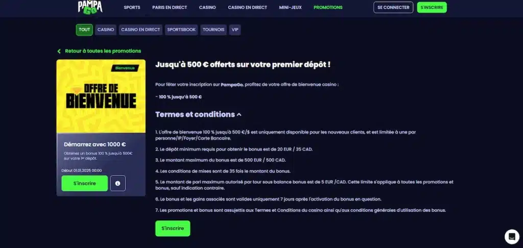 Bonus de bienvenue casino pour jouer en ligne 14 Conditions offre de bienvenue de PampaGo